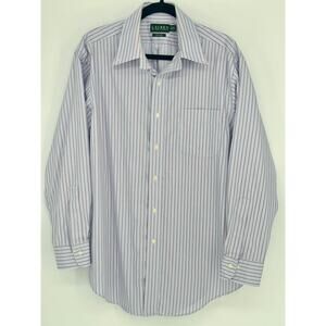 LAUREN Ralph Lauren Blue Pink Pinstripe Button Dress Shirt Non Iron 16 1/2 32/33
